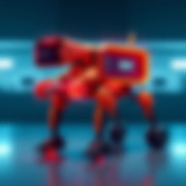A unique computer that resembles a dog, walking on four legs with a computer screen on its back, showcasing its innovative design and mobility.