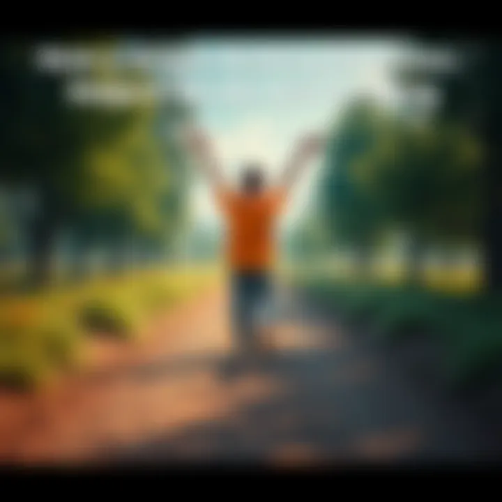 Walking simulator character reaching a goal A character in a walking simulator celebrates a personal victory after quitting smoking, standing on a path surrounded by trees and nature, symbolizing a fresh start.