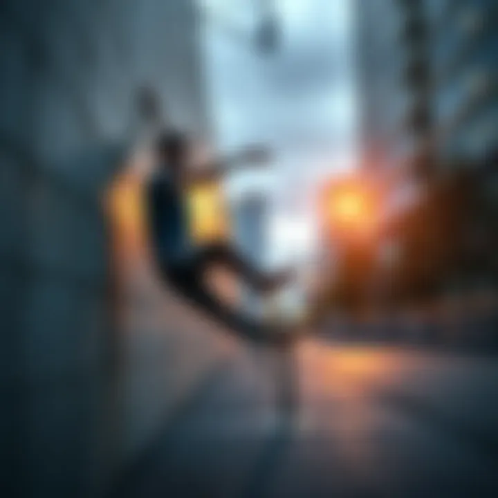 Athlete demonstrating wall dashing technique in an urban setting