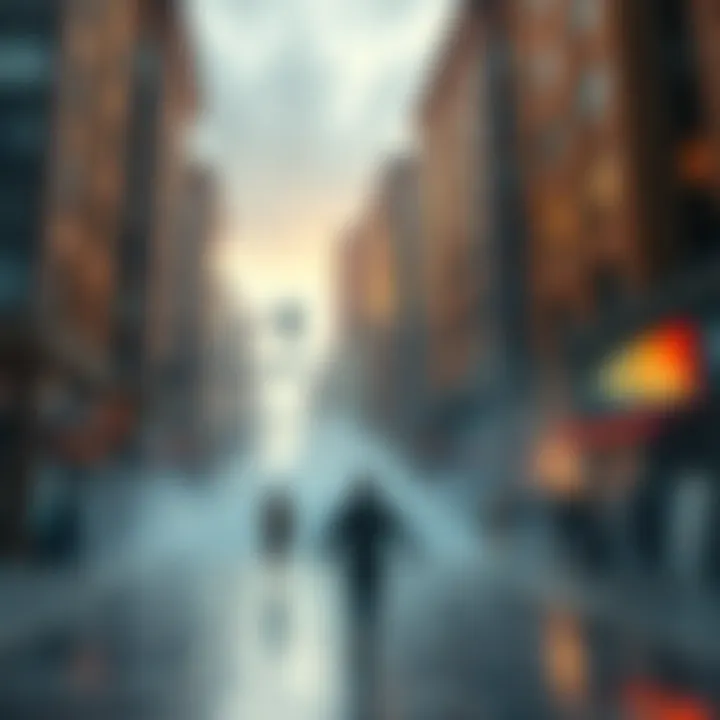 A city landscape showing buildings collapsing after walls disappear, with people running in panic.