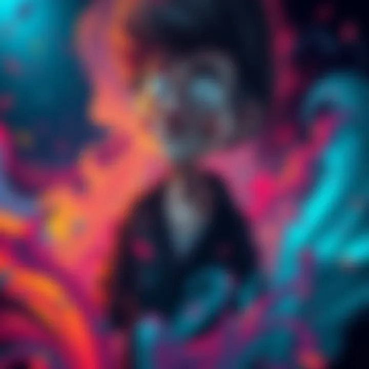 Wally stands amidst swirling colors and shadows, representing chaos and identity, with a thoughtful expression.
