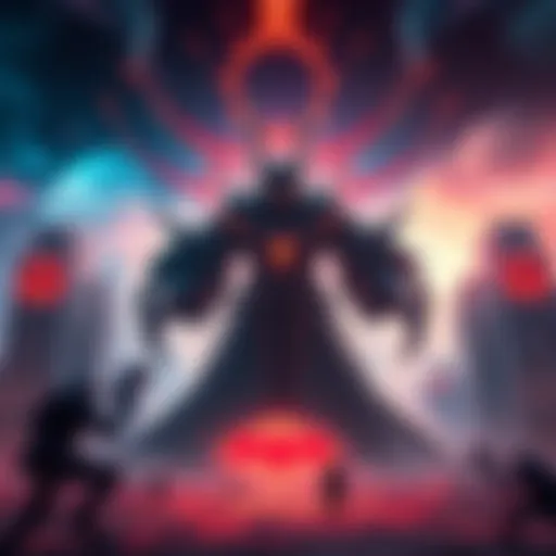 A dark figure representing a new void god looming over a futuristic battlefield with Grineer and Corpus symbols, hinting at an alternate timeline conflict.