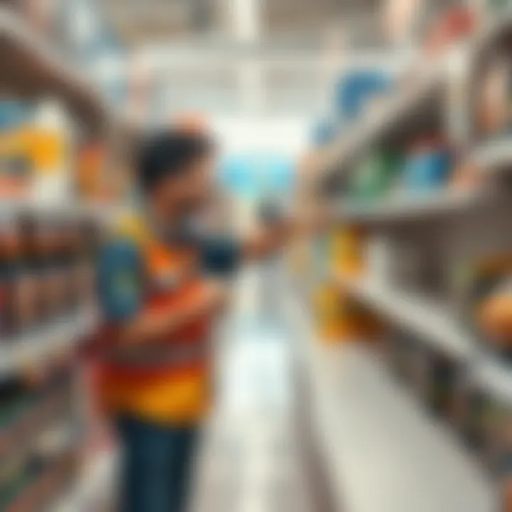 A Walmart employee stands in the clearance section pointing at a 7600x item on the shelf, surrounded by other discounted products.