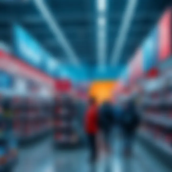 Walmart shelves filled with Nintendo Switch 2 consoles listed at high prices, showing upset customers nearby.