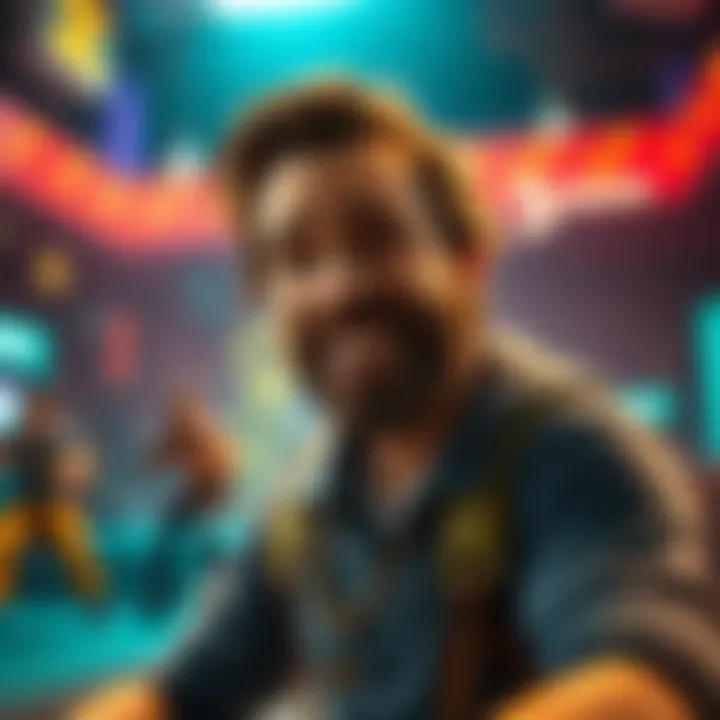 A character voiced by Walton Goggins smiles in a colorful game environment, showcasing joyful gameplay moments.