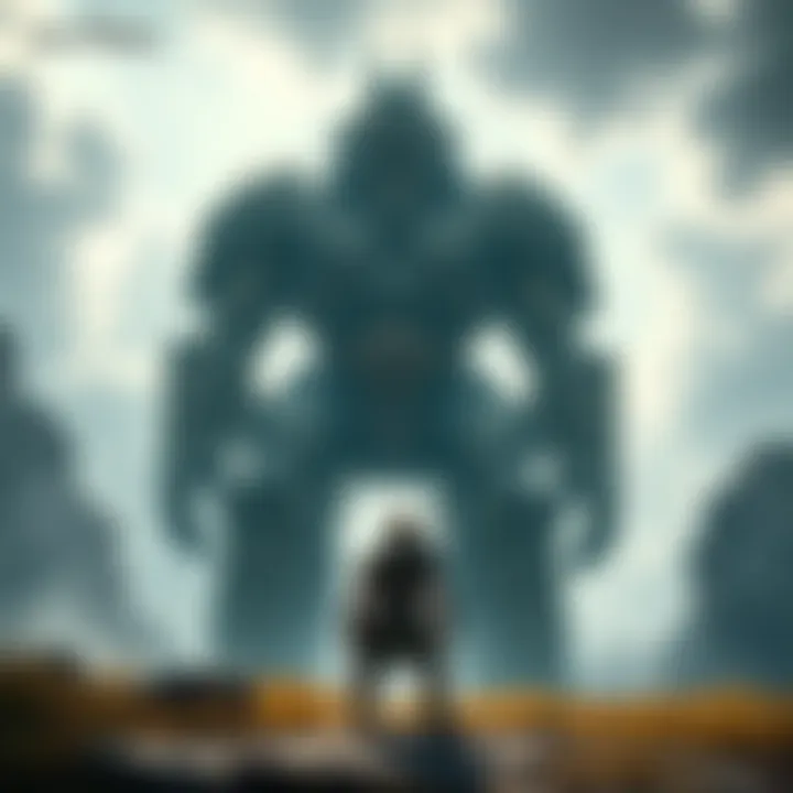 Wander stands determined before a towering Colossus, while Mono's voice echoes in the background, hinting at the stakes of his journey.