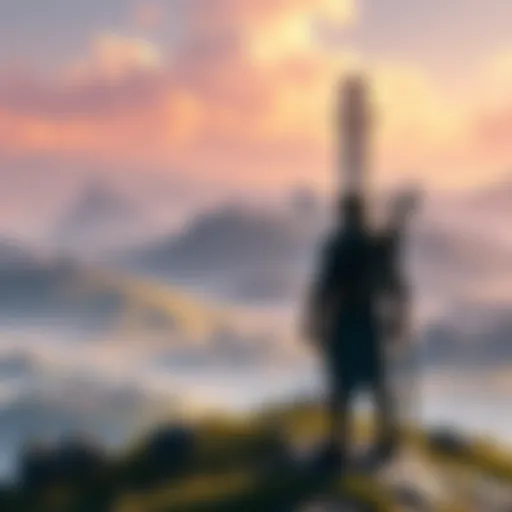 Wander gazes over a vast landscape dotted with ruins, contemplating his quest to revive Mono.