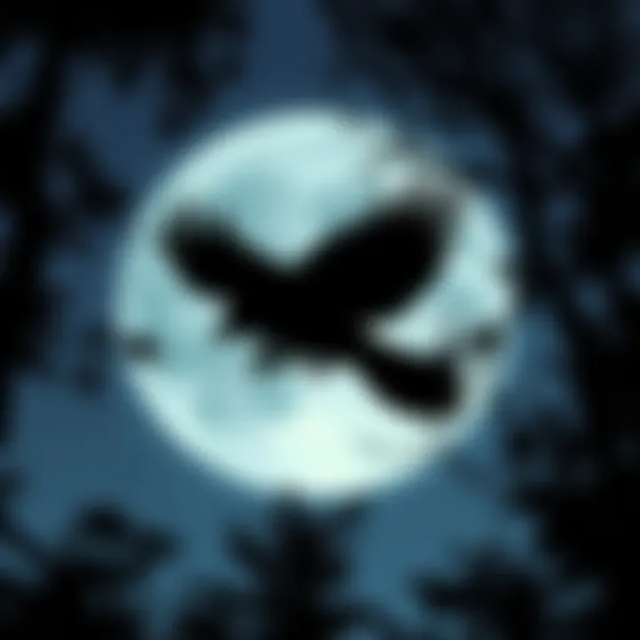 Wandering Crow Spirit Illustration A silhouette of a crow soaring across a moonlit sky, symbolizing the wandering crow spirit. Shadows of trees frame the scene, creating a mystical feel.