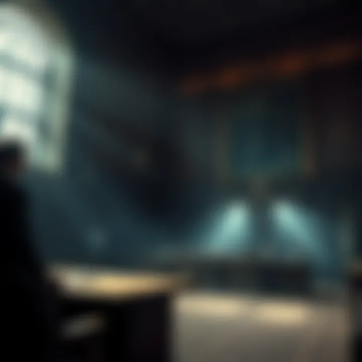 A somber scene depicting a courtroom discussing the implications of executions as war crimes, highlighting legal and ethical issues.