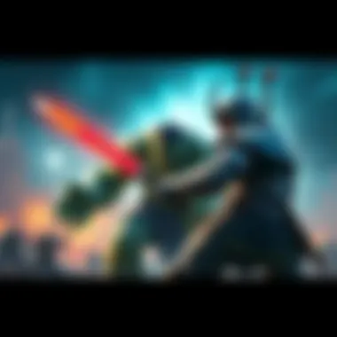 A fierce warrior wearing distinct armor and a helmet battles the legendary War-Hulk in a vibrant gaming landscape.