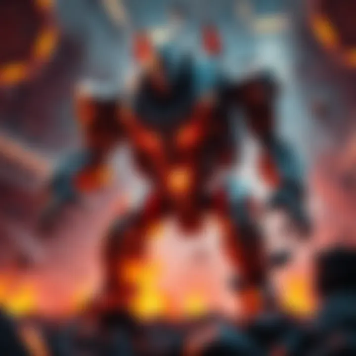 A fierce robotic enemy inspired by War Machine, hunting players in a futuristic setting, with intense action and dramatic lighting.