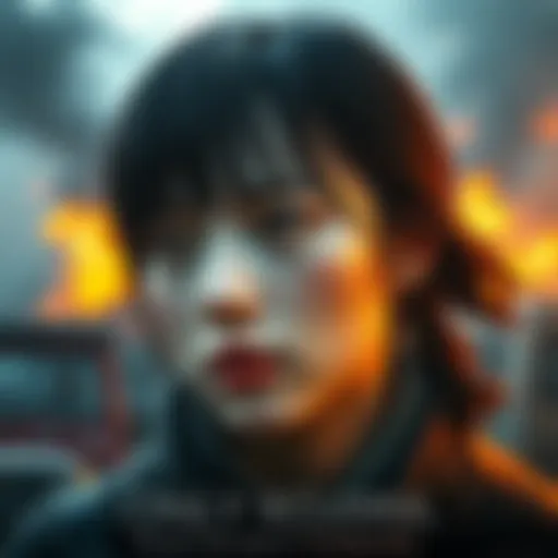 A character representing a war survivor, showing a mix of deep emotion and striking beauty, with a backdrop of a war-torn environment that reflects trauma and resilience.