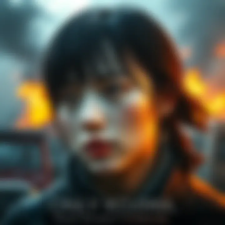A character representing a war survivor, showing a mix of deep emotion and striking beauty, with a backdrop of a war-torn environment that reflects trauma and resilience.