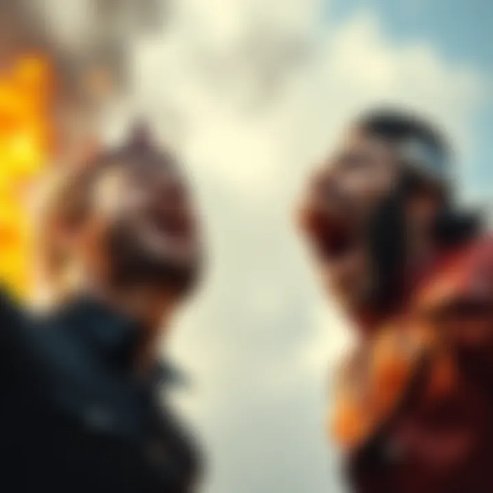 A person shouting a war cry on one side, while another boasts confidently with a braggart's roar on the other side, highlighting their differences in expression and emotion.