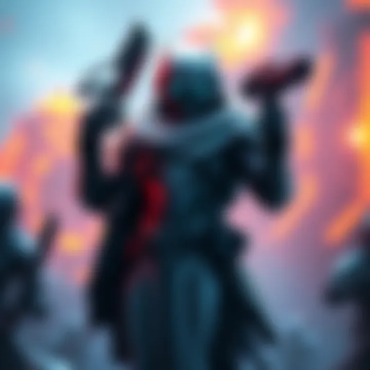 A Warframe character equipped with weapons and armor stands in a battle-ready pose, set against a vibrant sci-fi background.