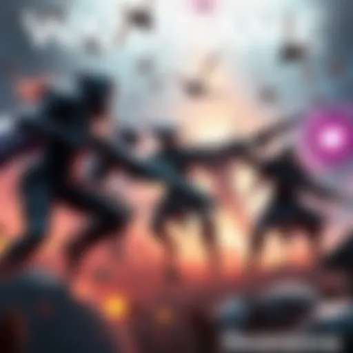 A group of Warframe characters in an intense battle with enemies, showcasing unique abilities and weapons.