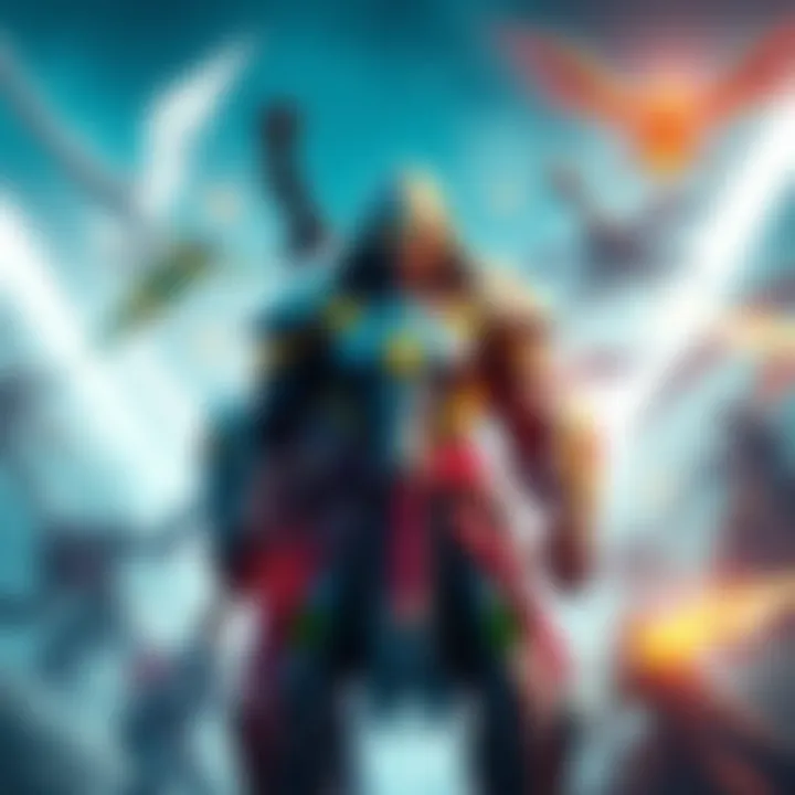 A warrior in a sleek armor stance, showcasing various Warframe abilities in an action-packed environment, surrounded by elements representing different game missions.