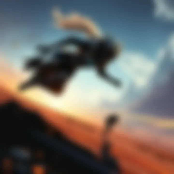 A Warframe character moving swiftly through a sci-fi landscape, showcasing agility and speed