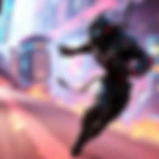 A Warframe character running swiftly through a vibrant game environment, showcasing agility and speed