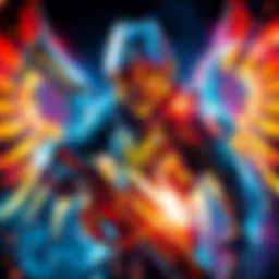 A Warframe character upgrading weapons and gear with colorful energy effects around them