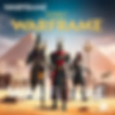 Inaros Protoframe and classic Warframe characters like Styanax, Atlas, and Baruuk set in an Ancient Egyptian landscape with pyramids and hieroglyphs