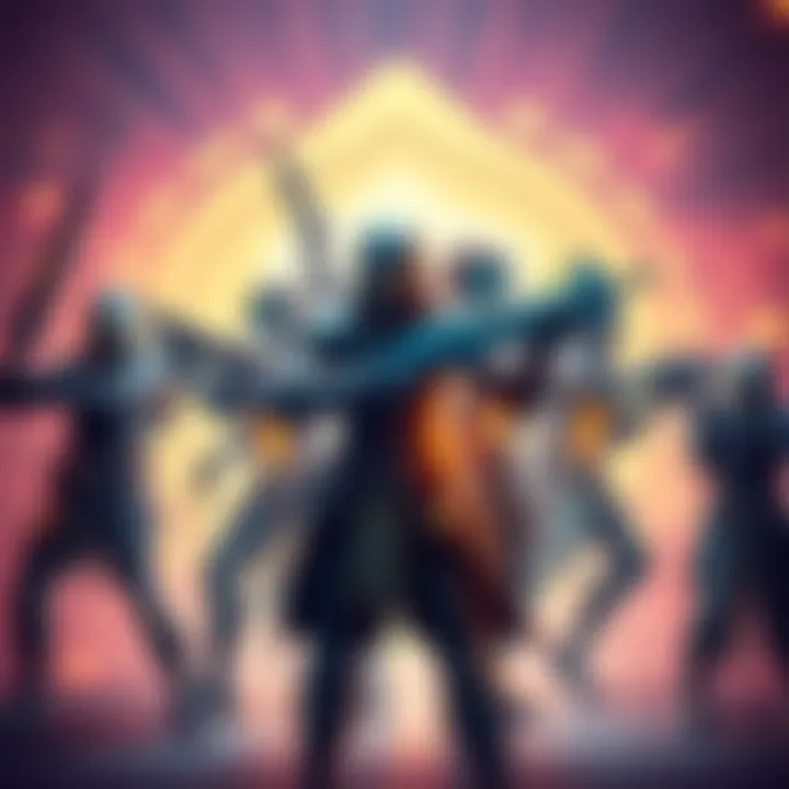 A group of Warframe characters showcasing various weapons in an action-packed pose against a vibrant background