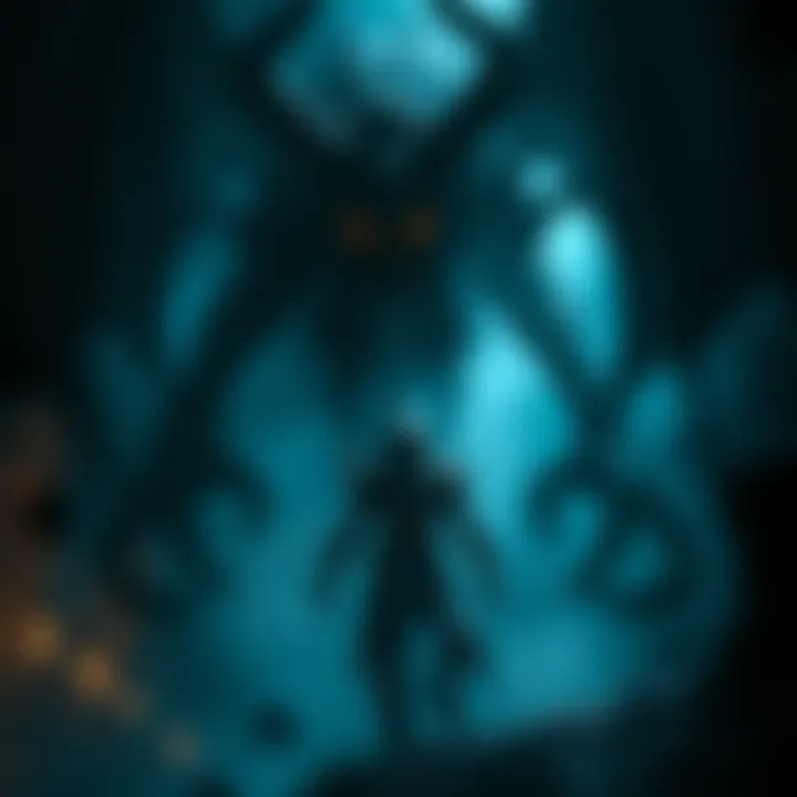 A Warframe character engulfed in shadows with Grendel looming menacingly nearby, showcasing horror elements.