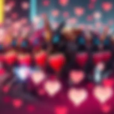 Colorful depiction of various Warframes with hearts around them, representing a dating challenge in a gaming environment.