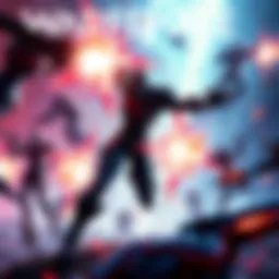 A Warframe character in a dynamic pose, battling enemies in a vibrant, sci-fi environment with explosions and energy effects.