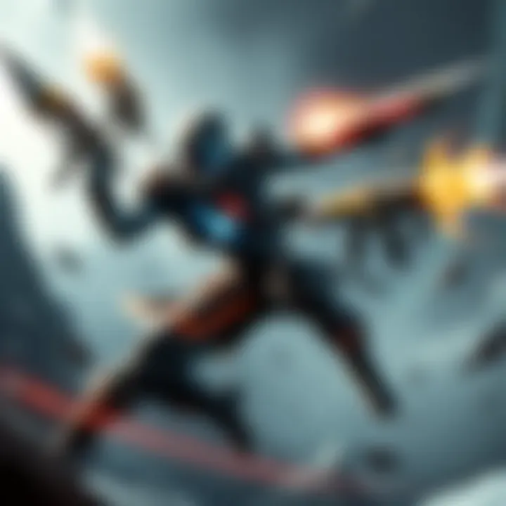 A Warframe character dodging an attack while wielding powerful weapons, showcasing the Evade ability in action.