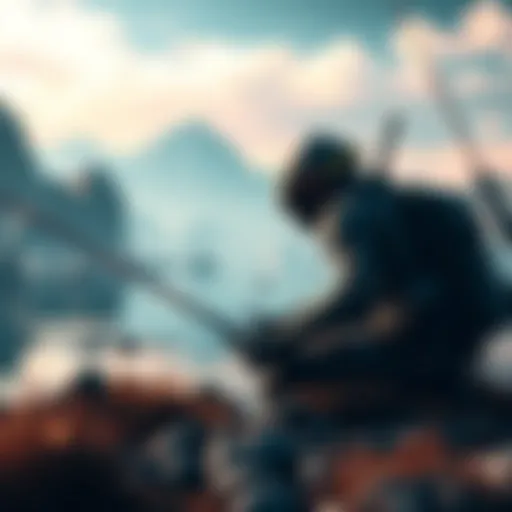 A player character in Warframe fishing for resources in a vibrant digital landscape