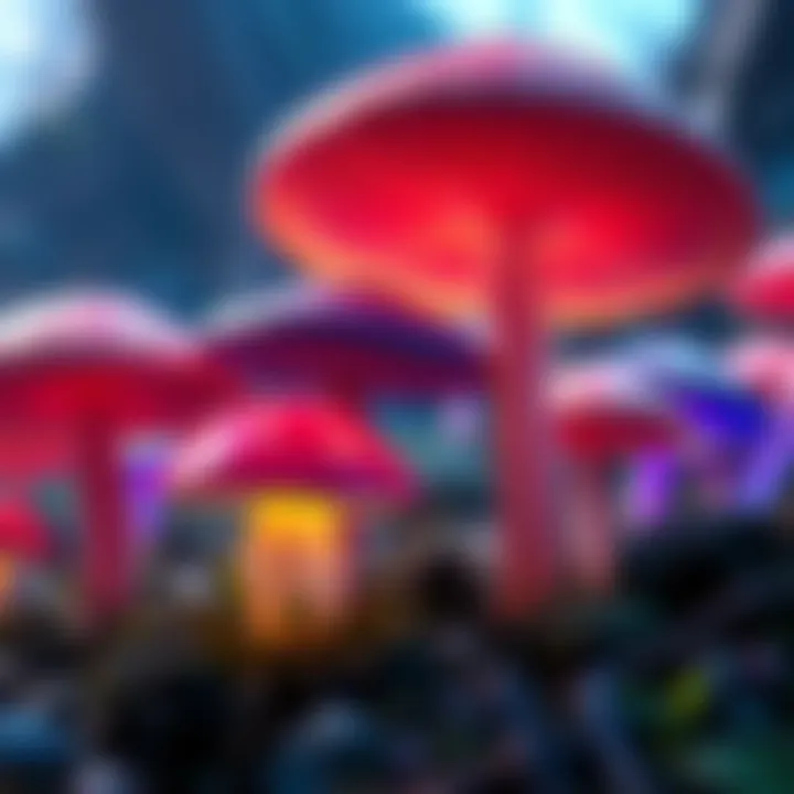 Colorful mushrooms in a fantasy game setting with vibrant colors and unique shapes.