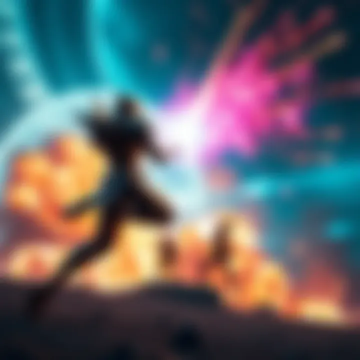 A powerful Warframe launching a nuke ability, with vibrant energy effects and enemies in the background exploding, showcasing effective area damage without line of sight.