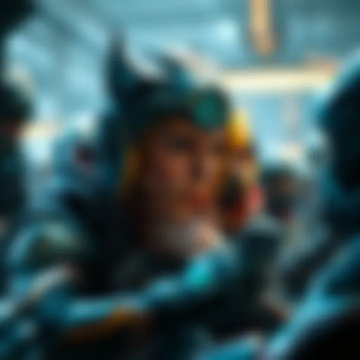 New Warframe player feeling clan pressure A new Warframe player looking stressed while playing, surrounded by clan members discussing optimal builds