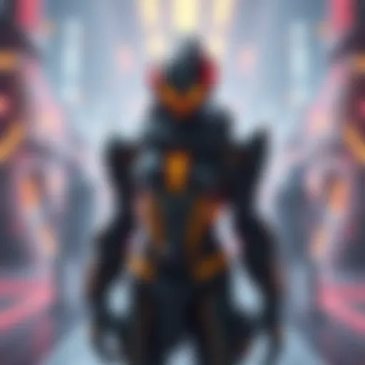 A Warframe character styled as a protoframe, appearing more human-like compared to traditional alien designs, standing in a futuristic environment.