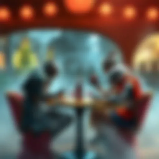A selection of Warframes enjoying a fun date, engaging in various activities like dining and chatting in a lively setting.