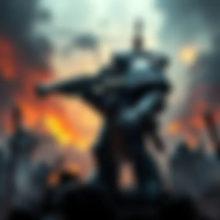 A Space Marine stands ready with a Boltgun, surrounded by a battlefield filled with chaos and destruction, reflecting themes of vengeance and conflict.