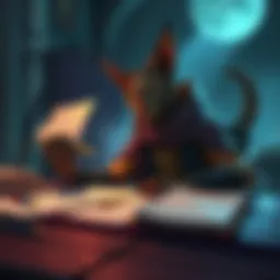 A player designing a Tabaxi Warlock character with notes and sketches on a table, reflecting on the character's backstory and personality.