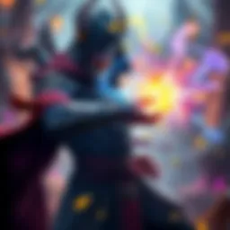 A Warlock character casting a spell in a vibrant fantasy setting, showcasing their magical abilities.