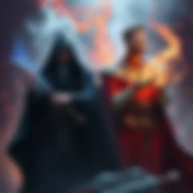 A depiction of a Warlock casting spells and a Cleric healing a wounded ally, both unaware of their divine connection.