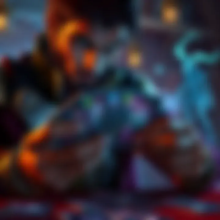 Warlock Deck Choices A top Warlock player examining a deck of cards, looking thoughtful about strategy while Cho'gall cards are visibly set aside.