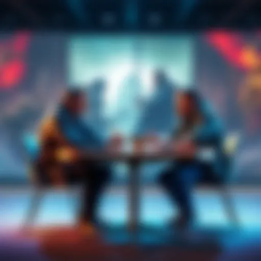 Two game developers sitting at a table discussing the differences between Warlock and Baldur's Gate 3, with game artwork in the background