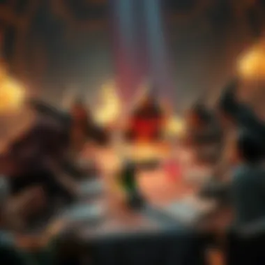 A group of warlocks in a fantasy setting casting spells during a heated game, with players reacting in excitement and frustration around a table