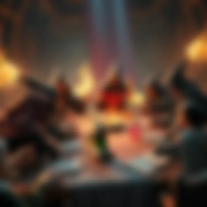 A group of warlocks in a fantasy setting casting spells during a heated game, with players reacting in excitement and frustration around a table