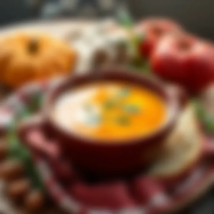 A steaming bowl of comforting soup garnished with herbs, surrounded by fresh ingredients and a cozy setting