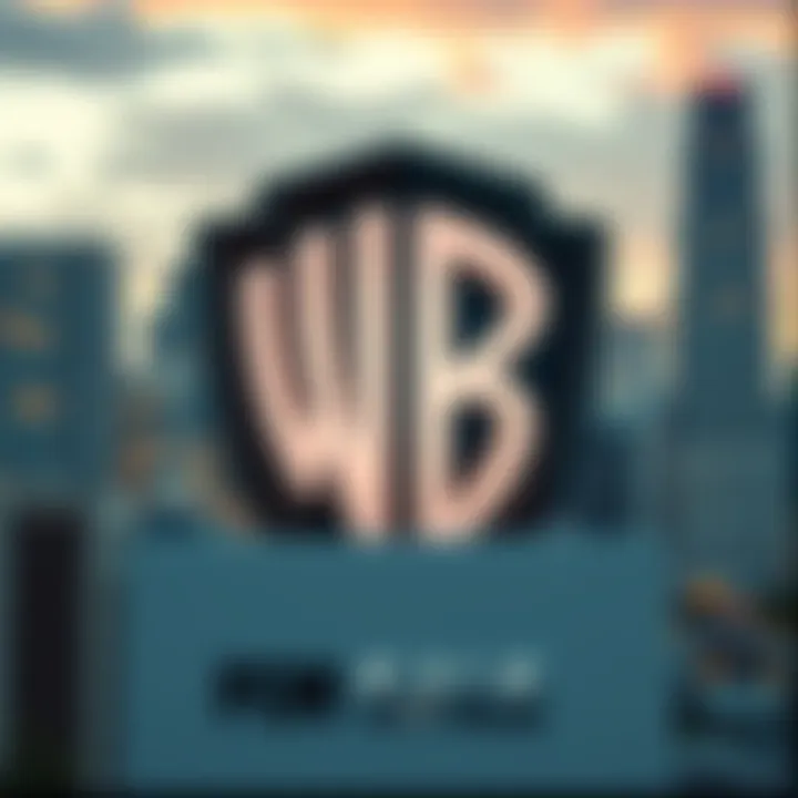 A sign saying 'For Sale' in front of the Warner Bros. Discovery logo, with a backdrop of a city skyline.