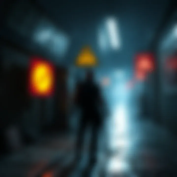 A video game character hesitates near a dark area with warning signs, suggesting danger ahead.