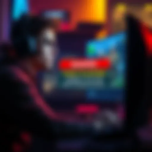 A gamer looking concerned while playing on a computer, with a pop-up warning about fake players and scams on the screen
