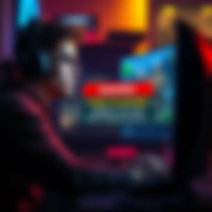 A gamer looking concerned while playing on a computer, with a pop-up warning about fake players and scams on the screen