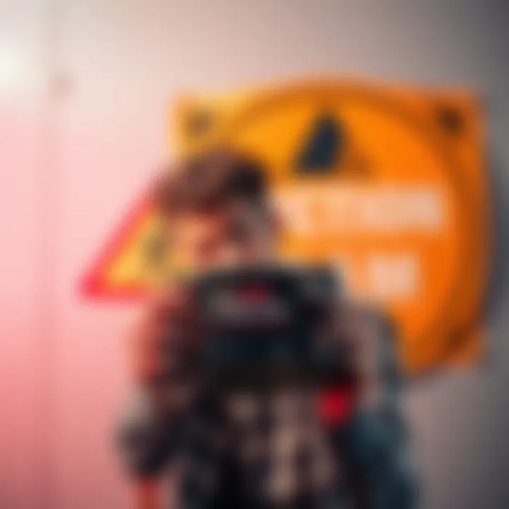 A person looking frustrated while holding a Fiction Lens projector box with a warning sign in the background.